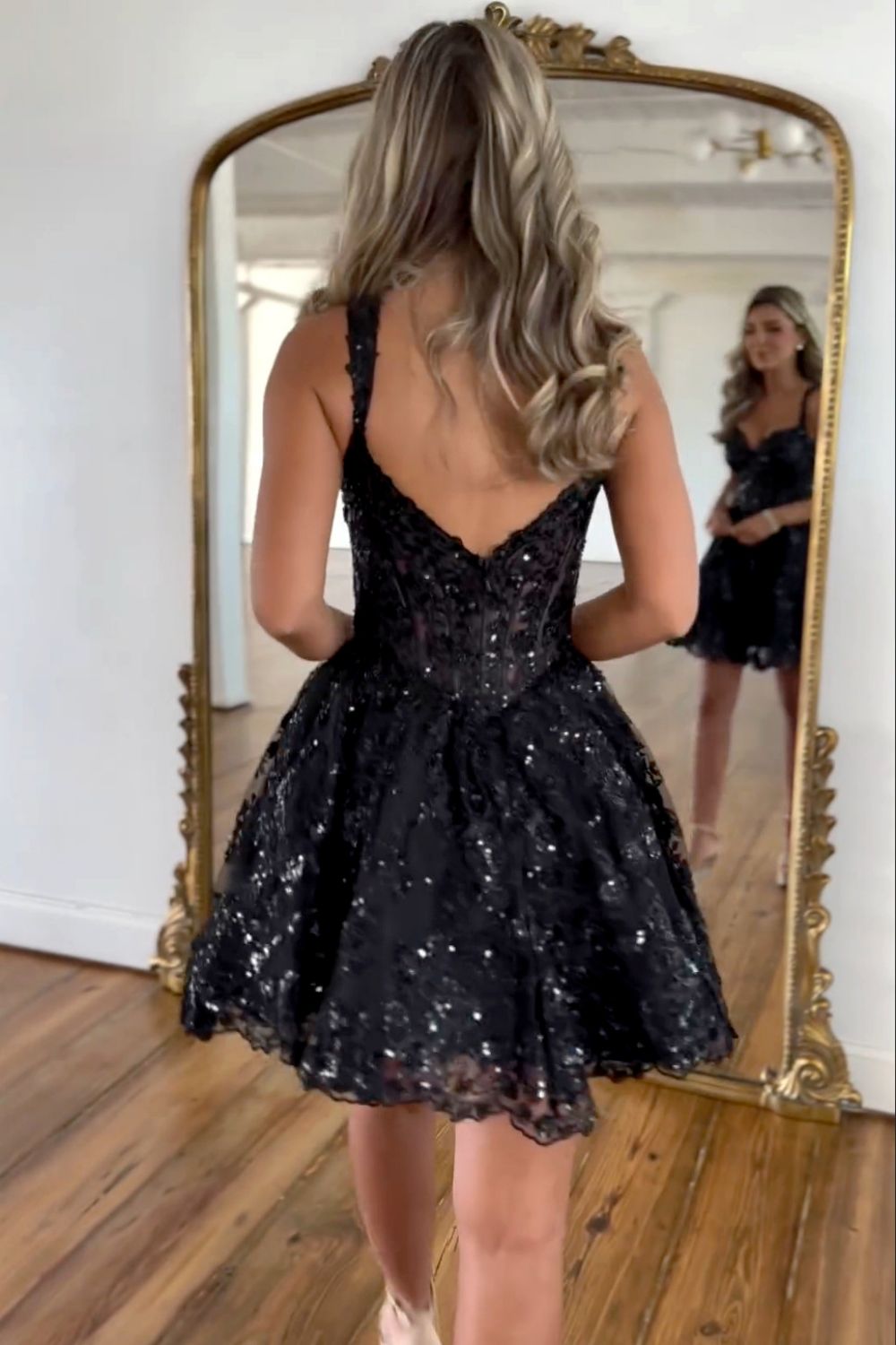 Gorgeous Black A-Line Straps Short Homecoming Dress with Sequin