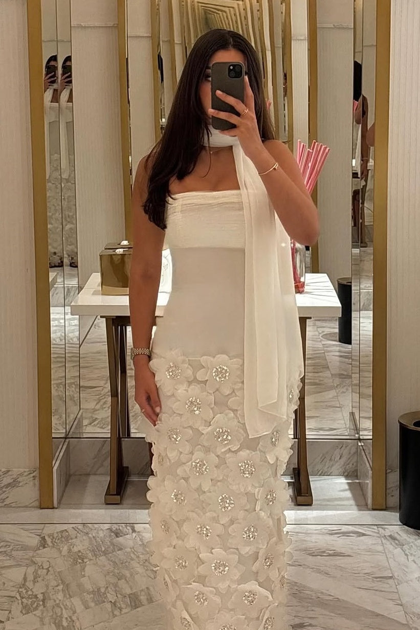 Gorgeous Sheath Strapless White Long Prom Dress with Appliques