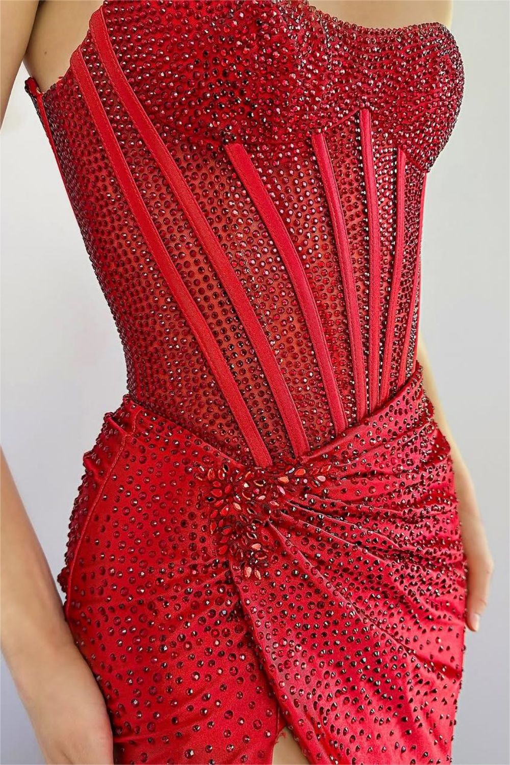 Gorgeous Gold Mermaid Strapless Long Beaded Prom Dress With High Slit