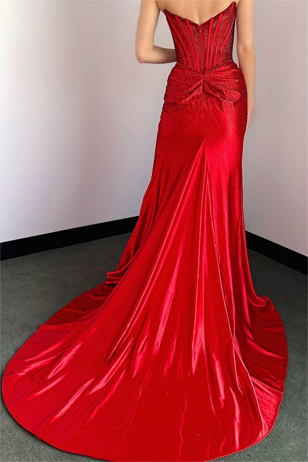 Gorgeous Gold Mermaid Strapless Long Beaded Prom Dress With High Slit