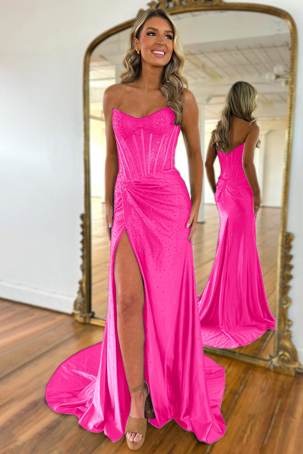 Gorgeous Gold Mermaid Strapless Long Beaded Prom Dress With High Slit