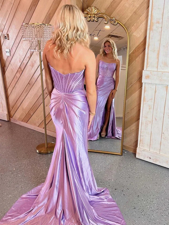 Royal Blue Mermaid Strapless Beaded Top Long Satin Prom Dress