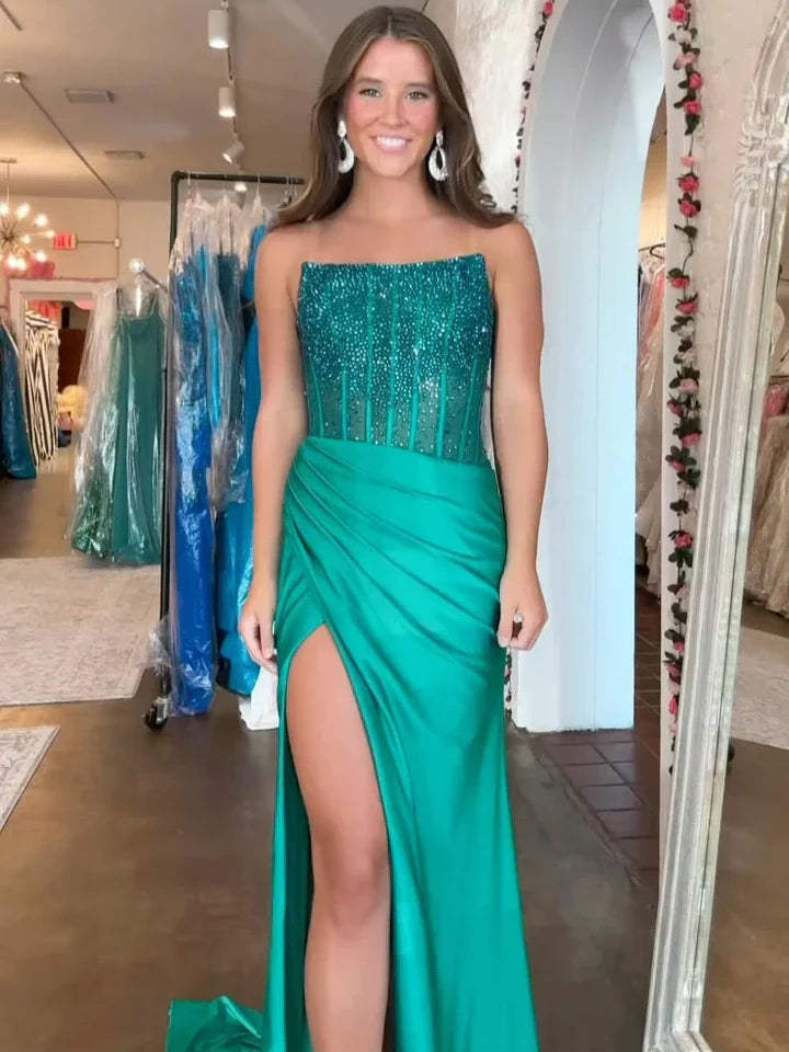 Royal Blue Mermaid Strapless Beaded Top Long Satin Prom Dress