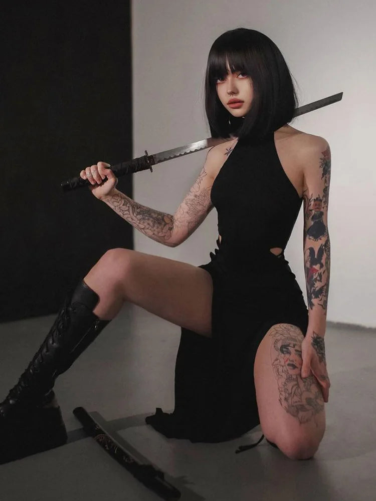 Gothic Dark High Split Bandage Halter Slim Grunge Y2K Partywear Dress