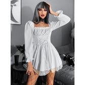 Long Sleeve Lolita Black Puff Sleeve High Waist Vintage Bandage Lace Trim Party Dress 6