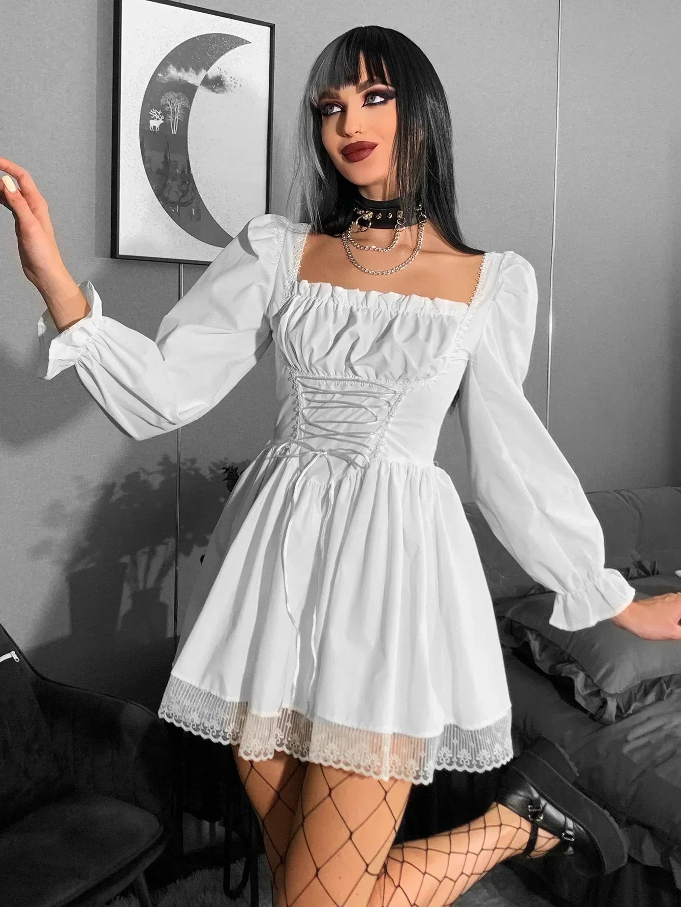 Long Sleeve Lolita Black Puff Sleeve High Waist Vintage Bandage Lace Trim Party Dress 10