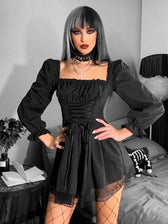 Long Sleeve Lolita Black Puff Sleeve High Waist Vintage Bandage Lace Trim Party Dress 8