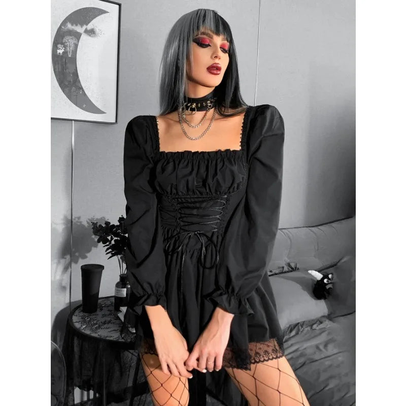 Long Sleeve Lolita Black Puff Sleeve High Waist Vintage Bandage Lace Trim Party Dress 2