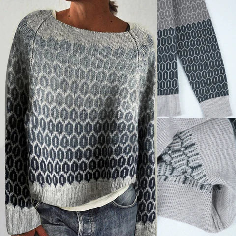 Boat Neck Long Sleeve Geometric Pattern Knit Sweater