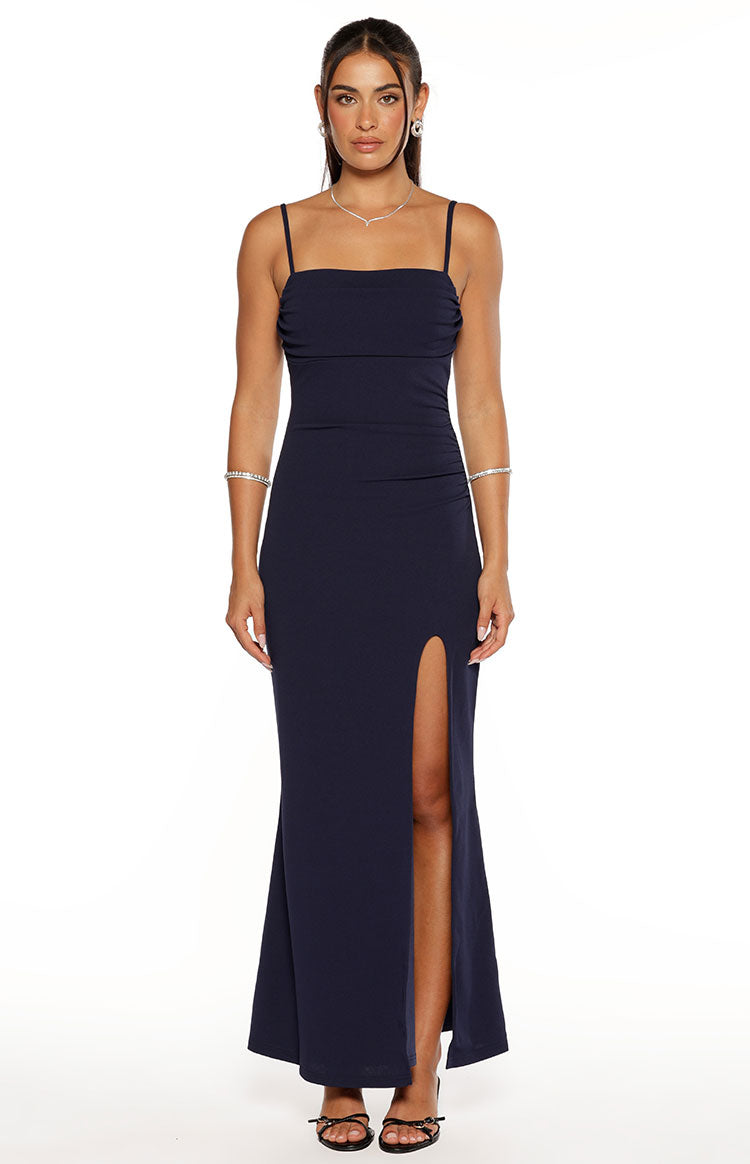 Straight Neck Spaghetti Strap High Split Bodycon Maxi Dress 2
