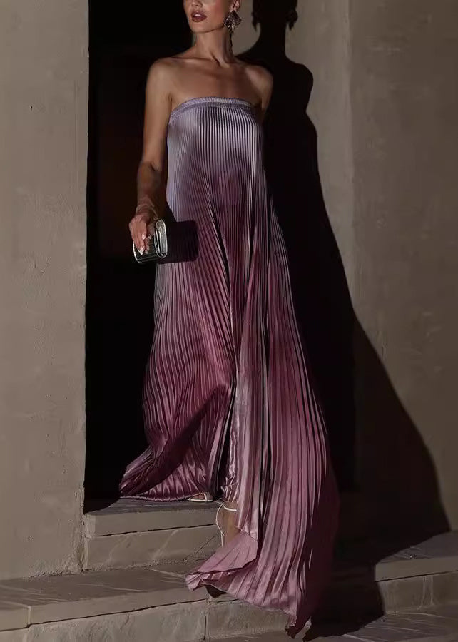 Strapless Accordion Pleat Plisse Column Floor Length Maxi Gown