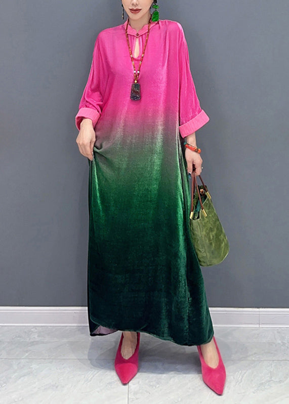 Gradient Color Stand Collar Silk Velvet Maxi Dresses Fall - View 2