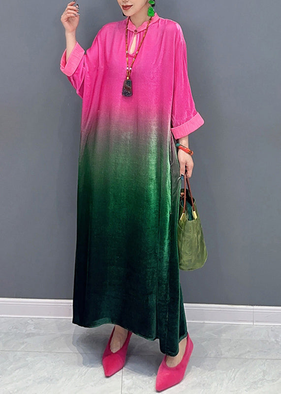 Gradient Color Stand Collar Silk Velvet Maxi Dresses Fall - View 3