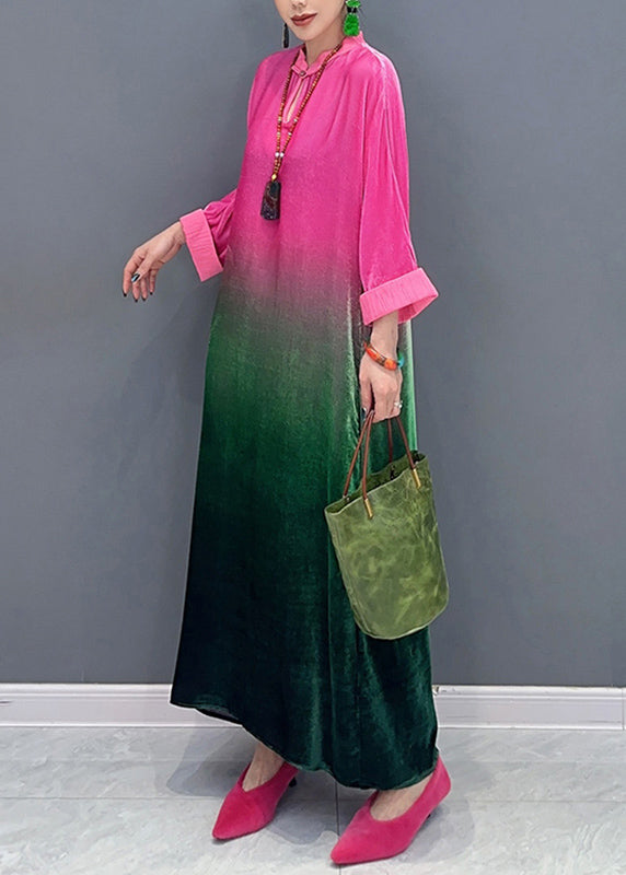 Gradient Color Stand Collar Silk Velvet Maxi Dresses Fall - View 4