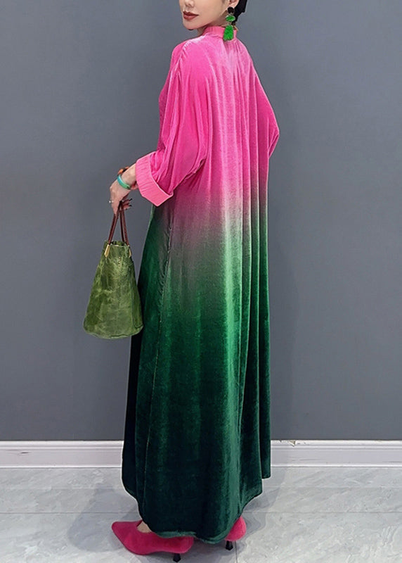 Gradient Color Stand Collar Silk Velvet Maxi Dresses Fall - View 5