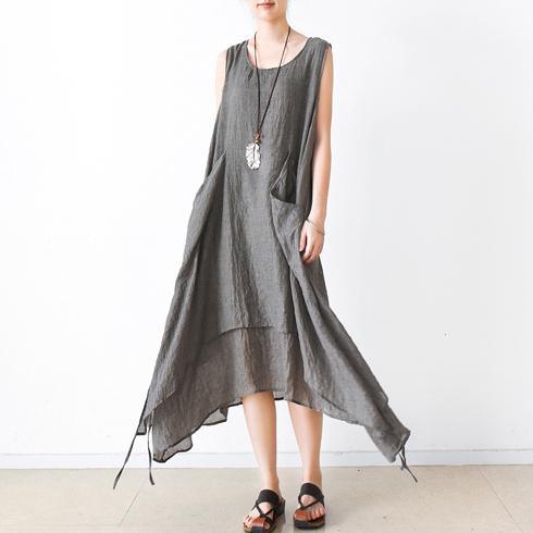 Gray asymmetrical cotton dresses summer maxi dresses sleeveless