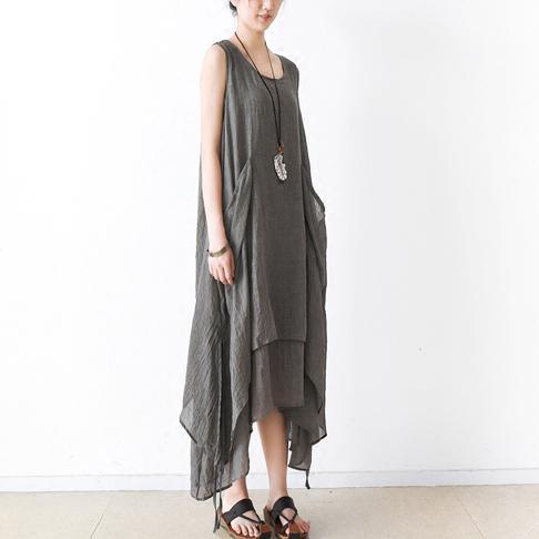Gray asymmetrical cotton dresses summer maxi dresses sleeveless