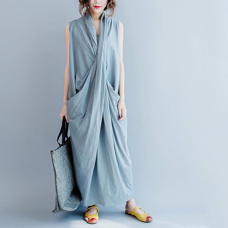 Sleeveless V-Neck Knot Front Draped Pocket Oversized Maxi Dress