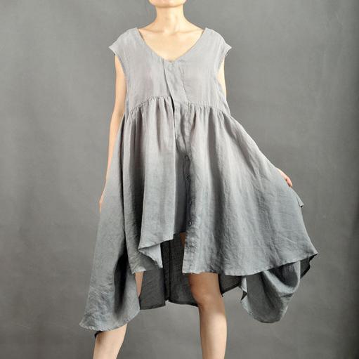 Gray loose fit flare summer dress linen dress
