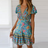 Floral Deep V-Neck Flutter Sleeve Wrap Mini Dress