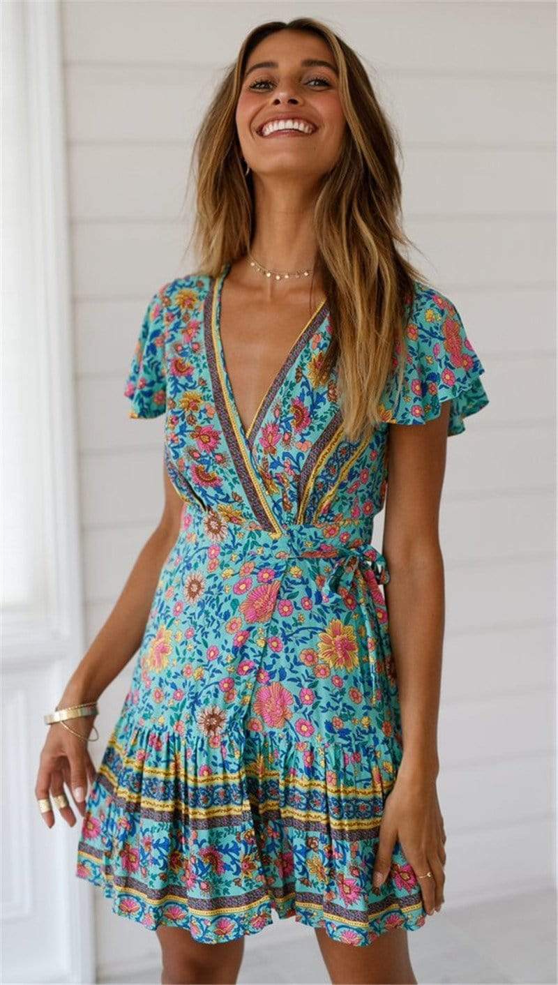 Floral Deep V-Neck Flutter Sleeve Wrap Mini Dress 2