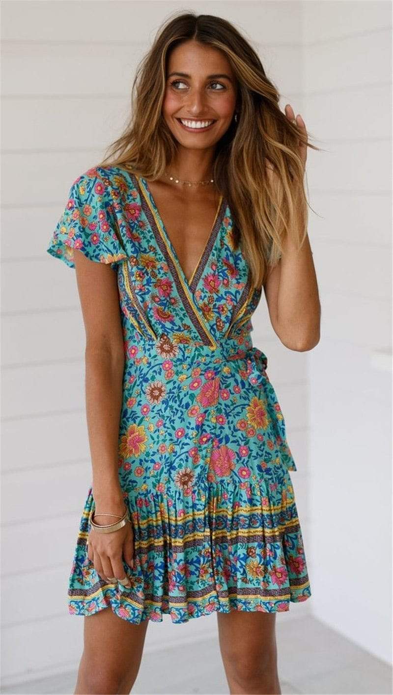 Floral Deep V-Neck Flutter Sleeve Wrap Mini Dress 3