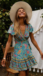 Floral Deep V-Neck Flutter Sleeve Wrap Mini Dress 4