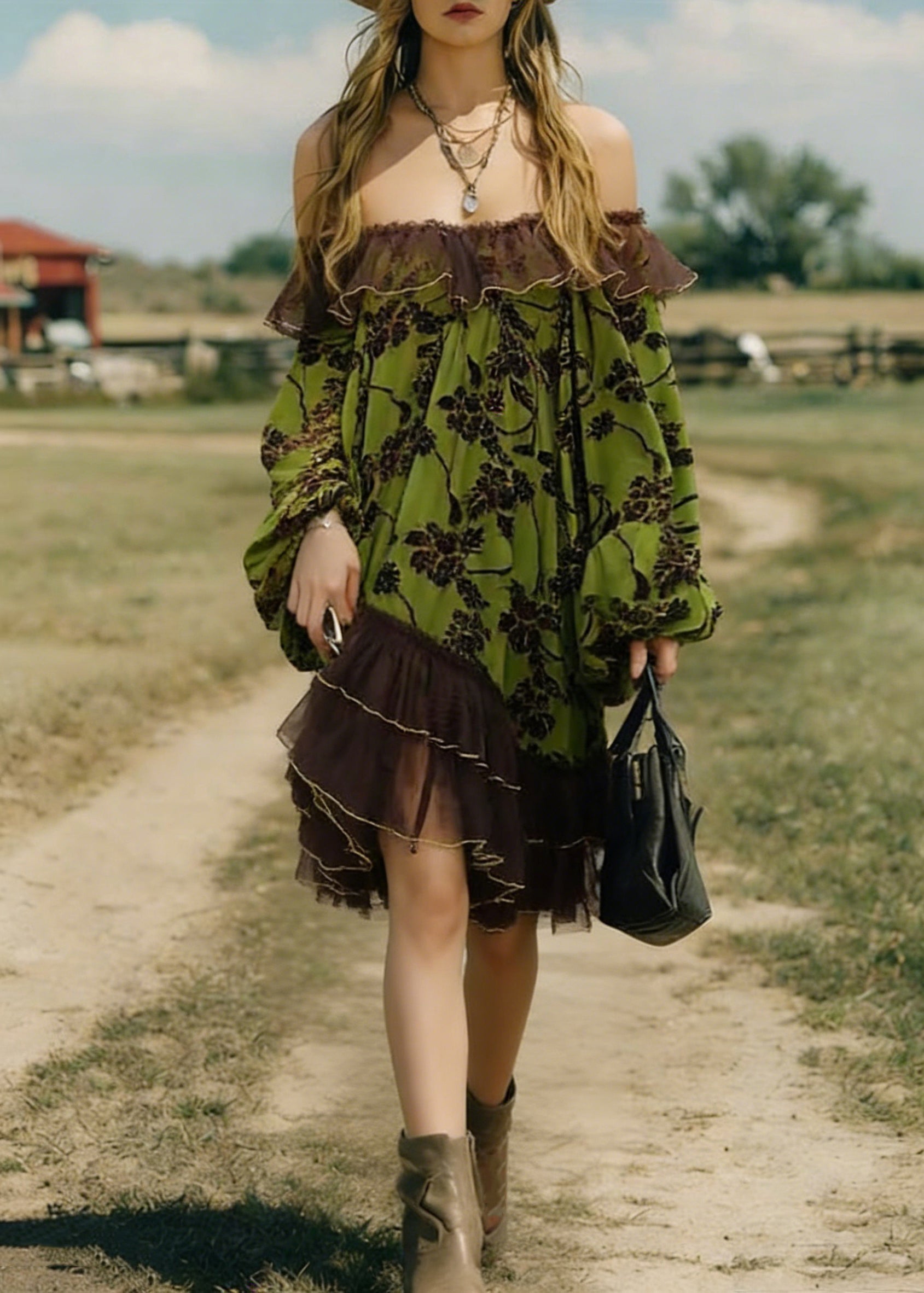 Off Shoulder Floral Print Velvet Tulle Trim Lantern Sleeve Ruffle Mini Dress