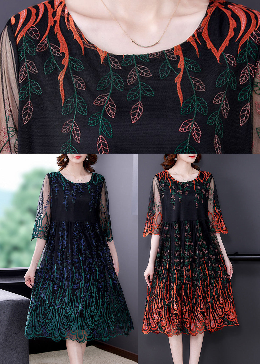 Mesh Crew Neck Three Quarter Sleeve Peacock Embroidery Scalloped Hem Midi Dress