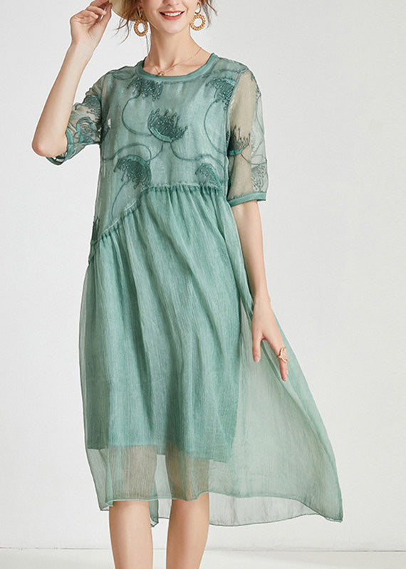Embroidered Organza Round Neck Half Sleeve Layered Asymmetric Hem Midi Dress
