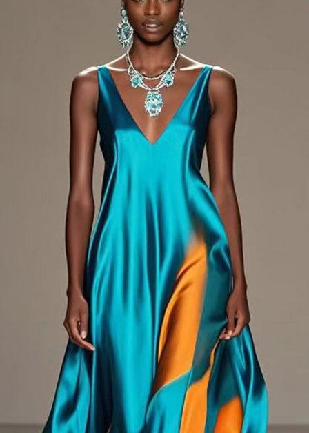 Satin Wave Panel Deep V-Neck Spaghetti Strap Flared Floor Length Gown