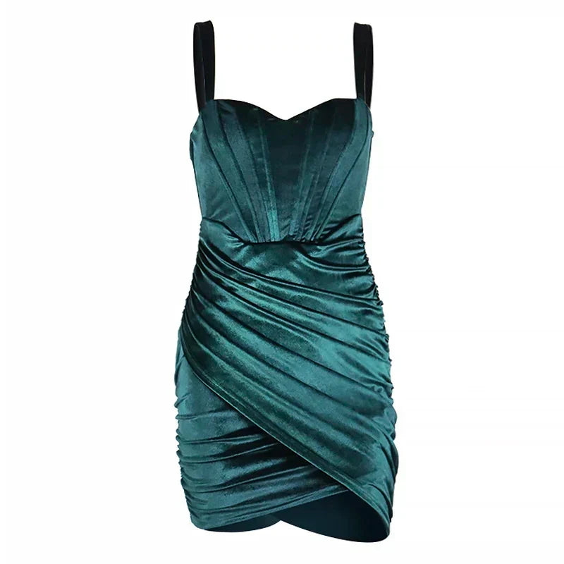 Velvet Corset Bodice Wide Strap Ruched Ruffle Hem Mini Dress 5