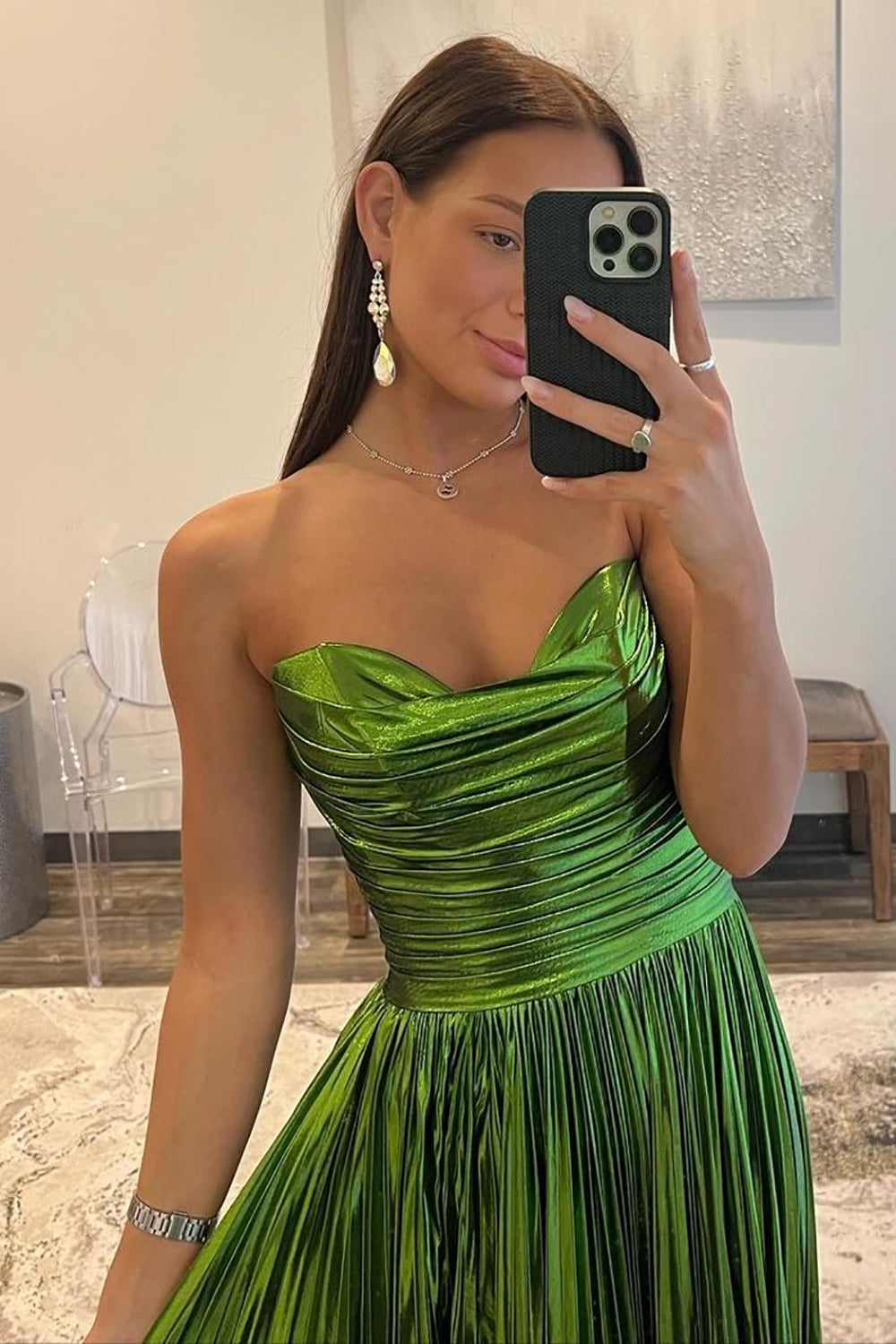 Metallic Green A-Line Strapless Zipper Back Long Prom Dress With Slit