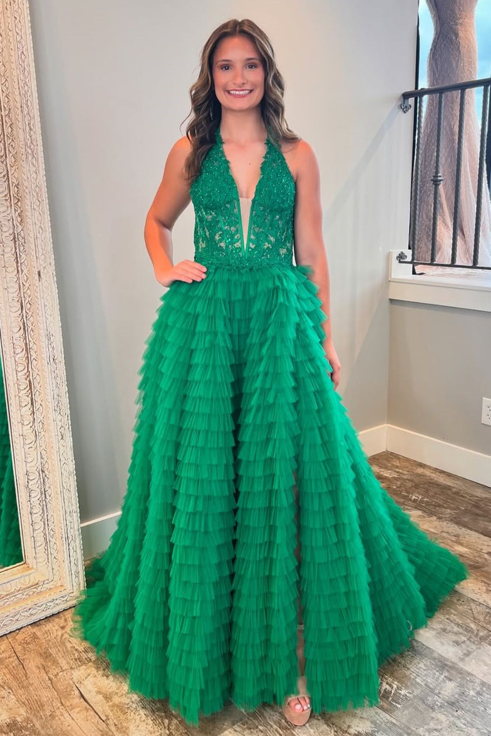 Green A-Line V-Neck Lace Top Long Tulle Prom Dress with Slit