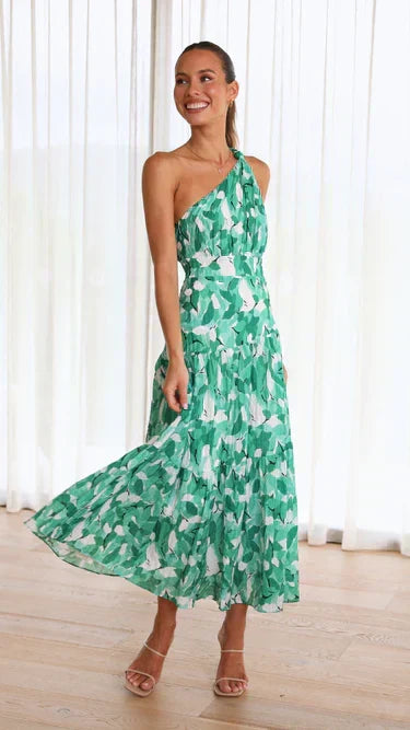 Floral One Shoulder Satin Midi Dress