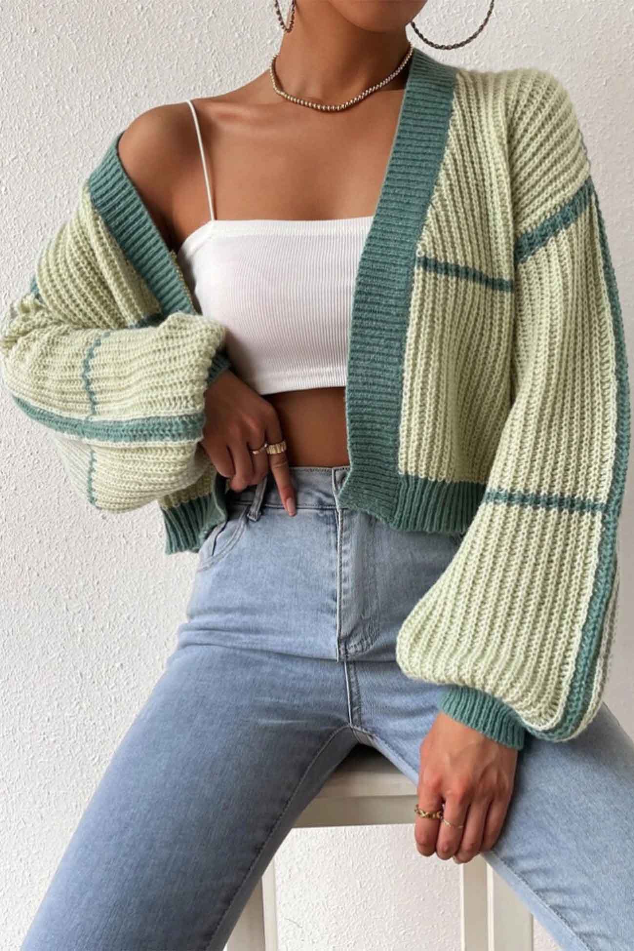 Long Sleeve Open-Front Patchwork Knit Cardigan