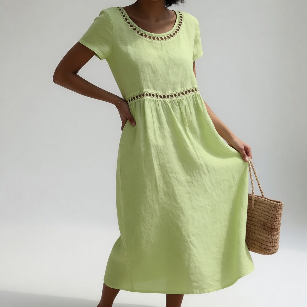 Round Neck Short Sleeve Eyelet Trim Midi Dress 5