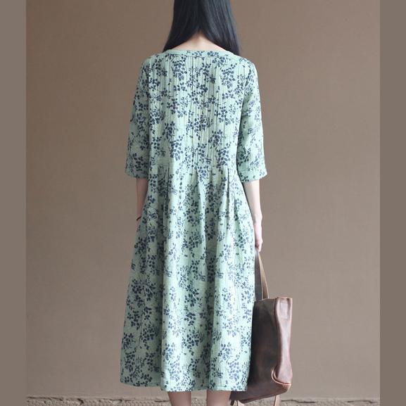 Green V neck floral cotton dresses elegant bracelet sleeve maxi dress