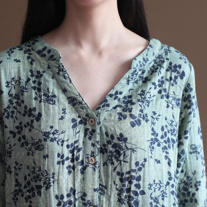 Green V neck floral cotton dresses elegant bracelet sleeve maxi dress