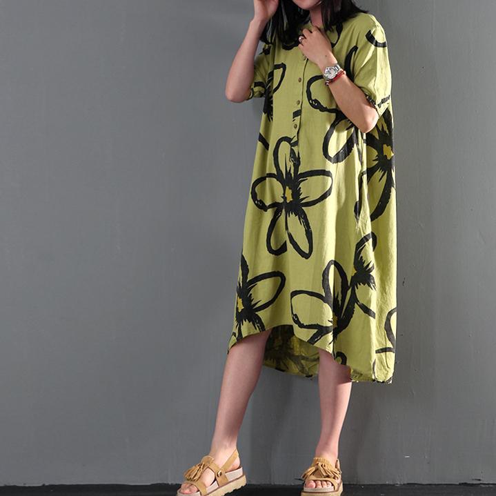 Green floral print maxi dress linen summer dress causal sundresses