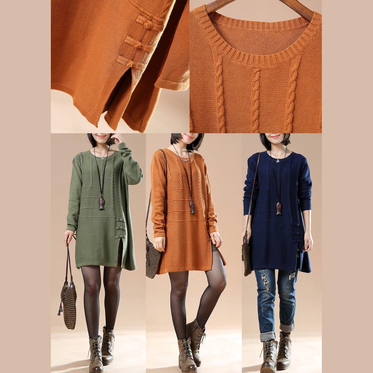 Green vintage sweaters women plus size knit tops dresses open hem