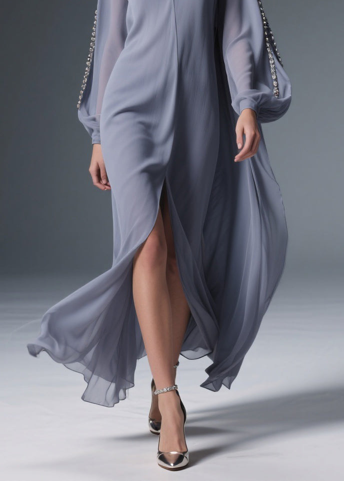 Chiffon Deep V-Neck Rhinestone Embellished Sleeve High Split Maxi Gown
