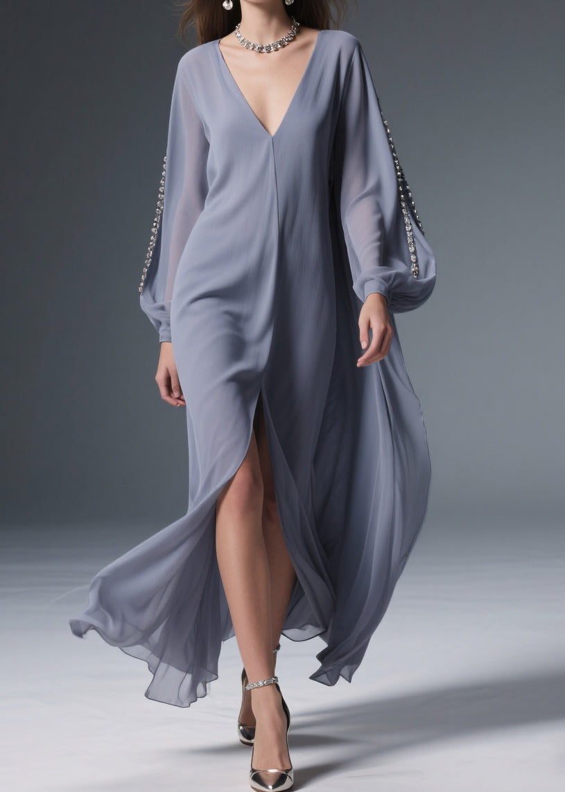 Chiffon Deep V-Neck Rhinestone Embellished Sleeve High Split Maxi Gown