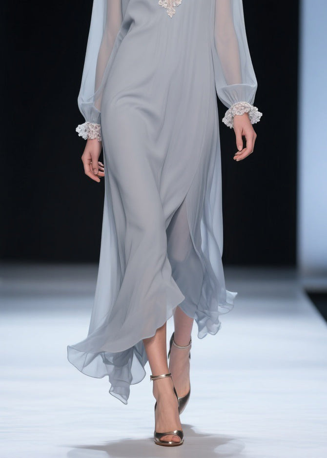 Chiffon Deep V-Neck Bishop Sleeve Lace Trim Layered Handkerchief Hem Maxi Gown