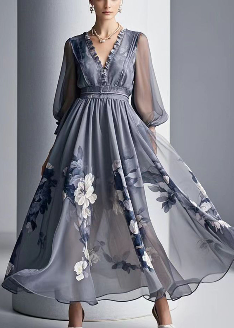 Floral Print Ruffle V-Neck Sheer Lantern Sleeve Swing Hem Chiffon Maxi Dress