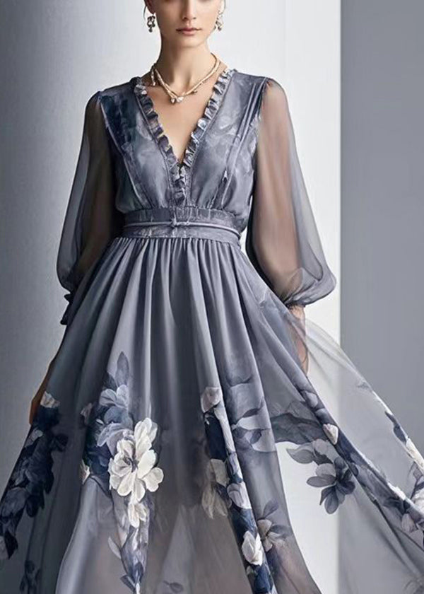 Grey Print Chiffon Dresses Ruffled Exra Large Hem Summer 2