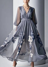 Grey Print Chiffon Dresses Ruffled Exra Large Hem Summer 3
