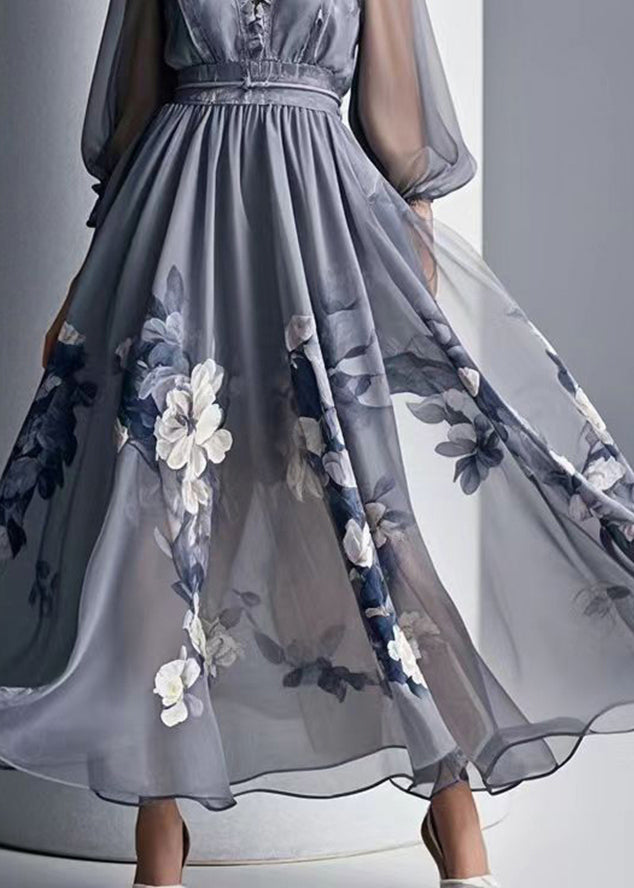 Grey Print Chiffon Dresses Ruffled Exra Large Hem Summer 4