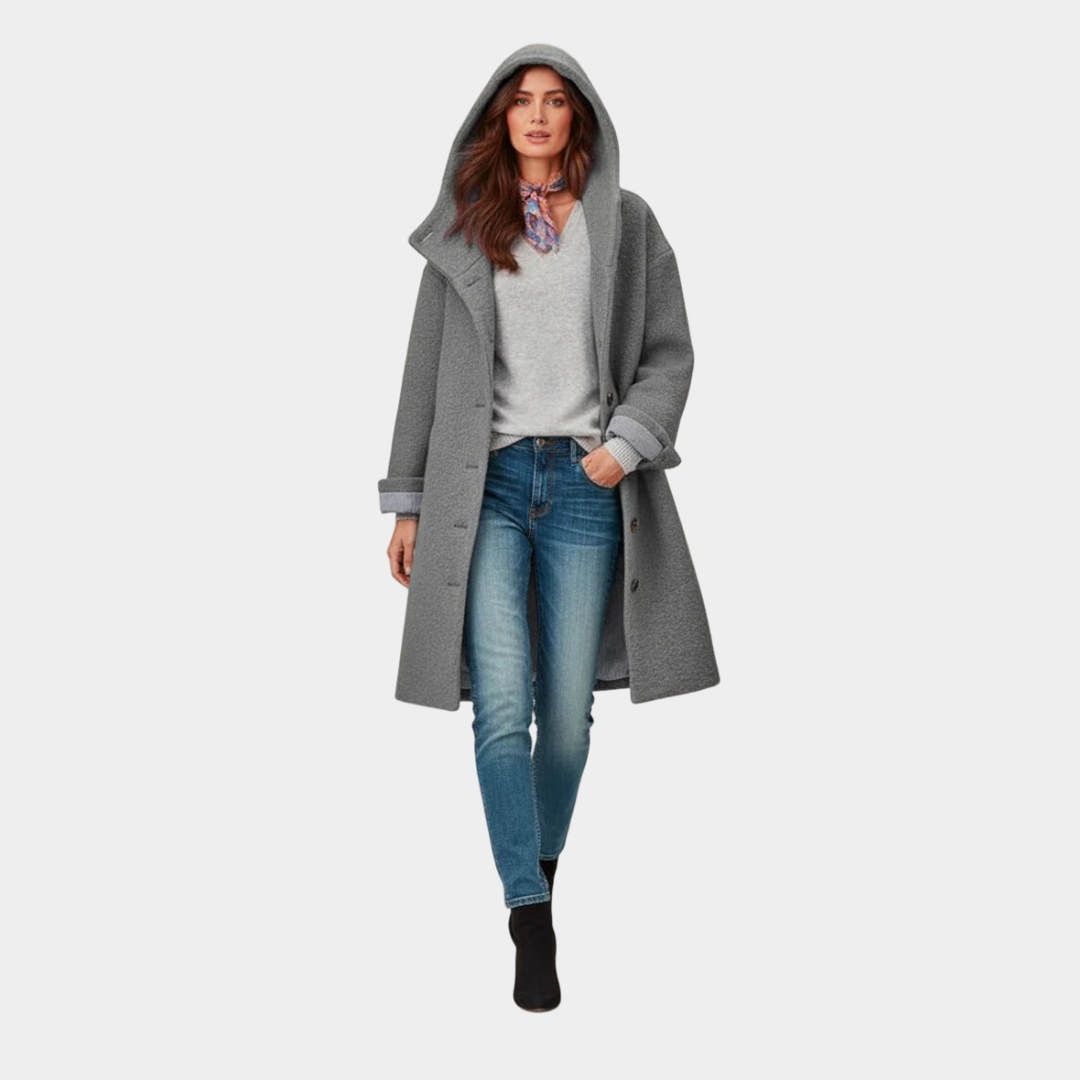 Hooded Button Front Longline Wool Look Coat