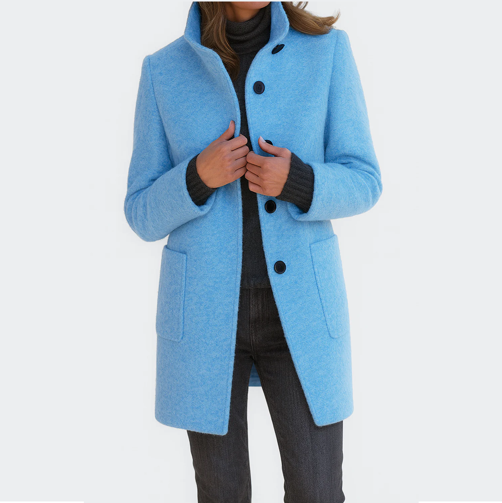 Stand Collar Button Front Wool Blend Coat